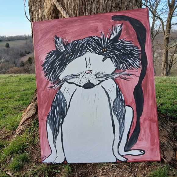 Hand Crafted Other - Tuxedo Cat Painting Folk Art
